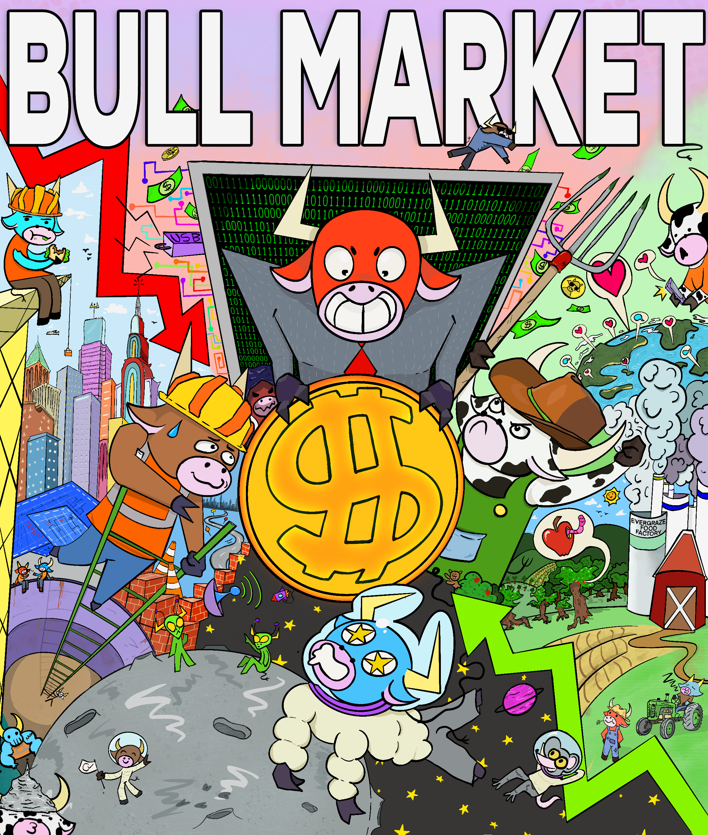 Bull Market box art: a red bull in a suit holding a giant gold coin, surrounded by construction, farm, tech and space cows